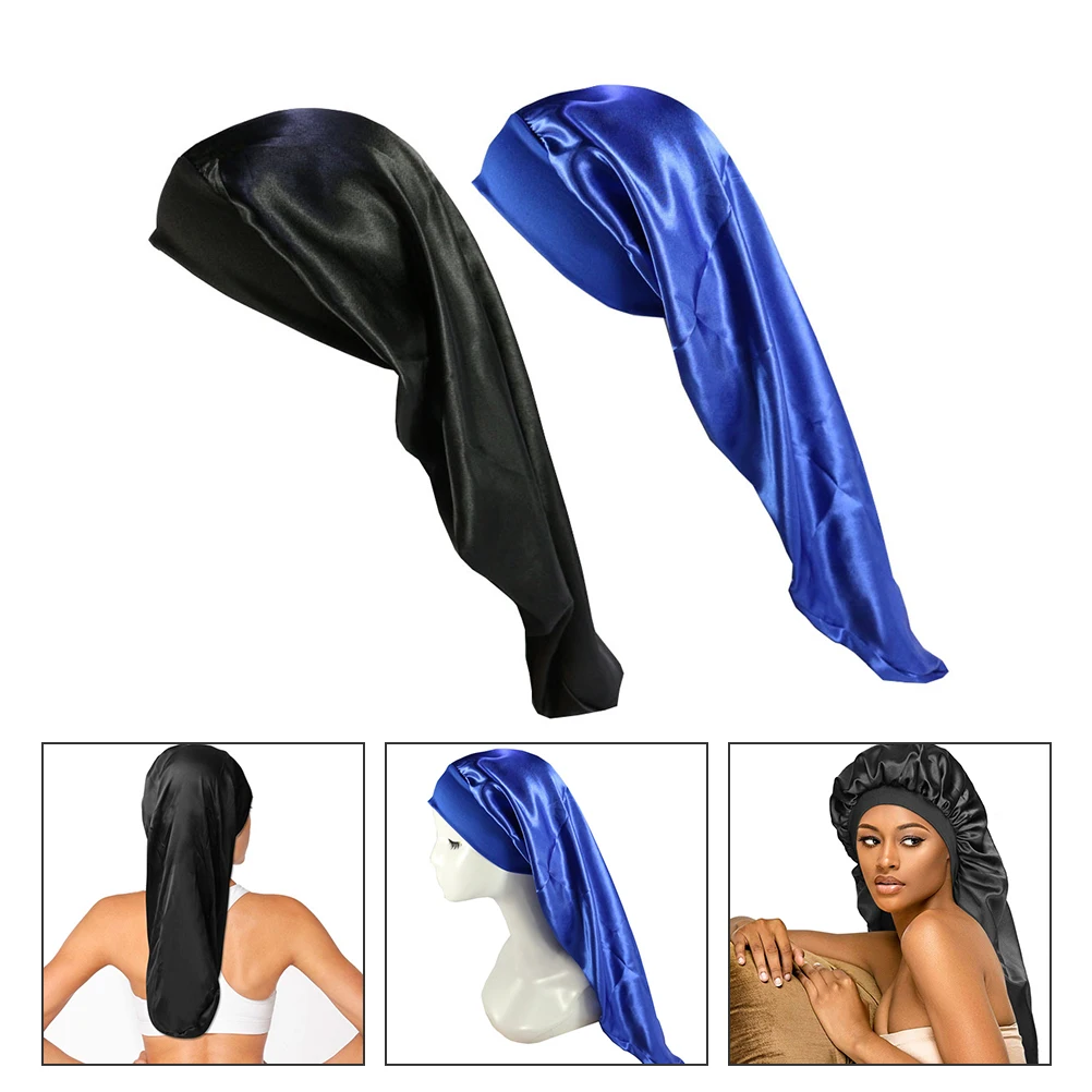 

2pcs Wide Edge Long Tube Haircare Hat Bonnet for Natural Curly Braided Hair Sleep Protection Elastic for Women