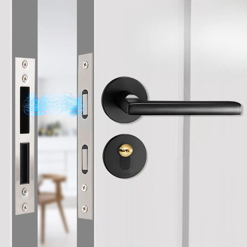 Bedroom Wooden Door Lock Modern Simple Lock Indoor Magnetic Mute Room Door Lock Solid Wood Door Handle Black