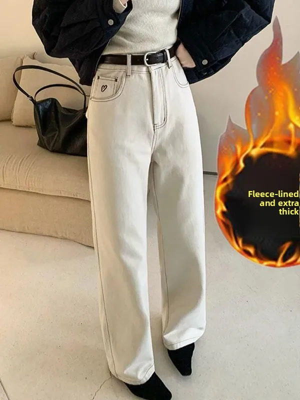 

Thickened Fleece Love Stitching Wide Leg Denim Pants Women Winter Style High Waist Straight Cut Trousers Wear Resistant Pure ...