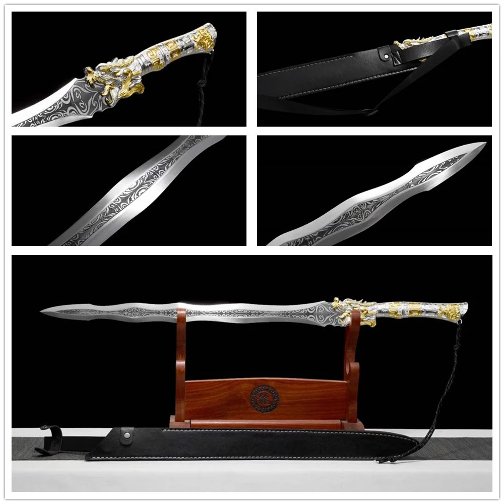 Excellent Battle Ready Sword Dragon Jian Forging Handmade Martial Art Sword Spring Steel Blade Full Tang Leather Sheath