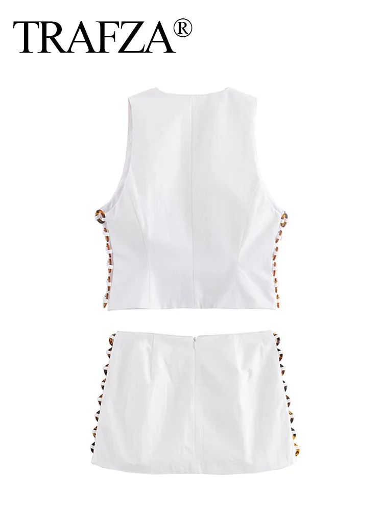 TRAFZA Women Culottes Suit Sexy V-Neck Sleeveless Solid White Slim Vest Top+2024 Side Ring Hollow Design Chic Mini Skirt Shorts