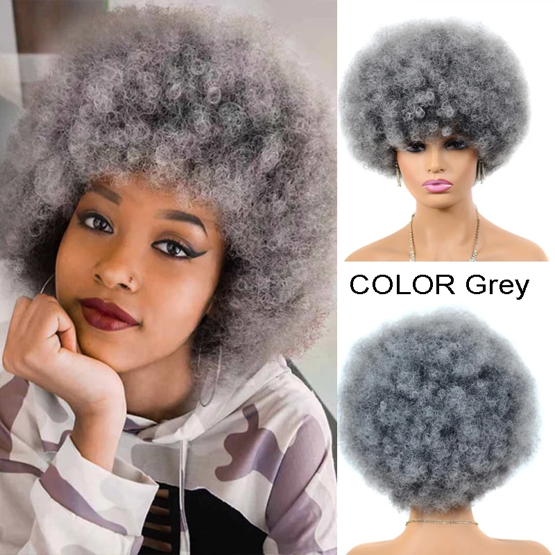 Grijze Afro krullende pruiken voor zwarte vrouwen Lijmloze Wear and Go-pruik Korte Afro krullende bladerdeegpruik Bouncy en zachte synthetische gekleurde pruiken