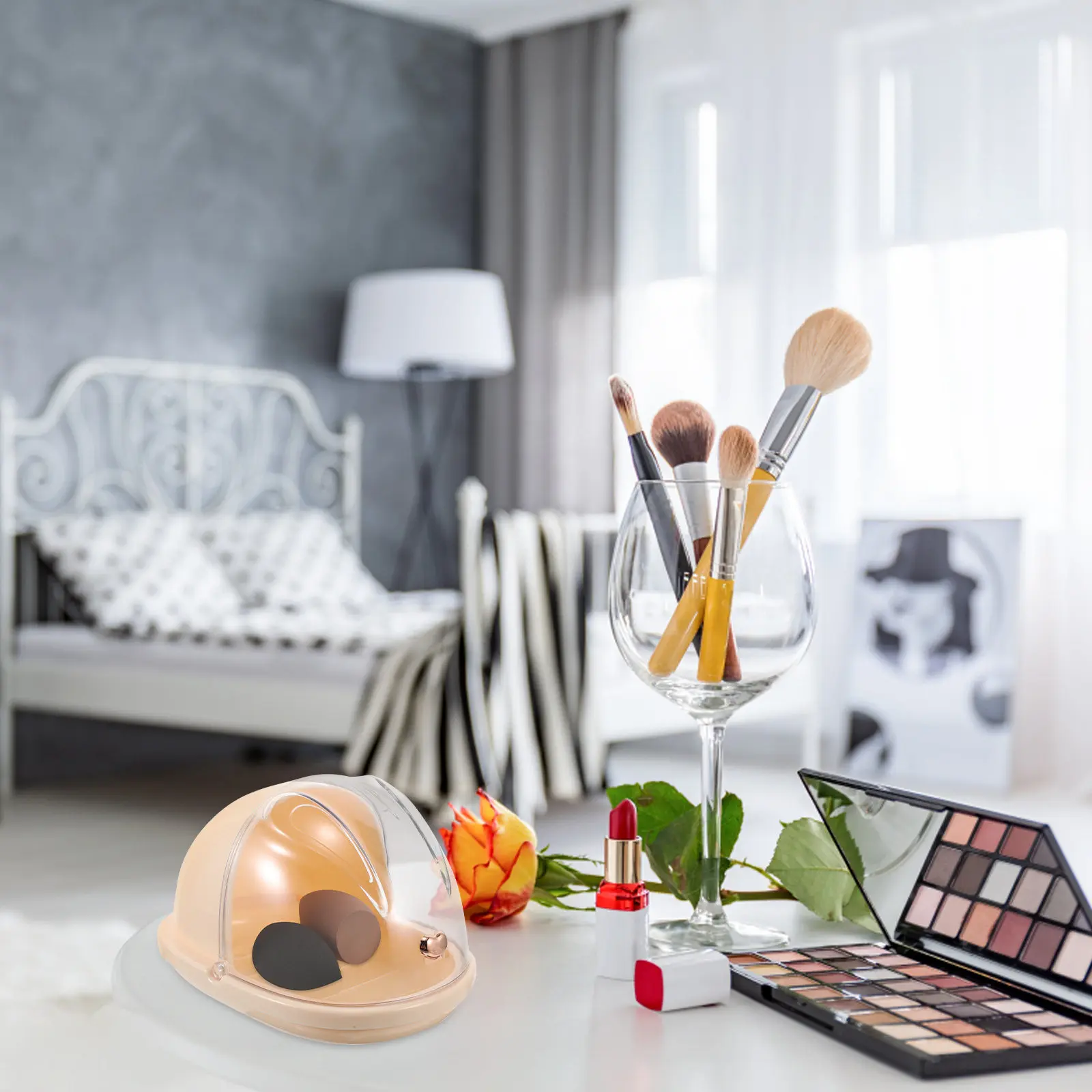 Makeup Sponge Holder Cute Bunny Design Dustproof Storage Box for Vanity Countertop Dressing Table