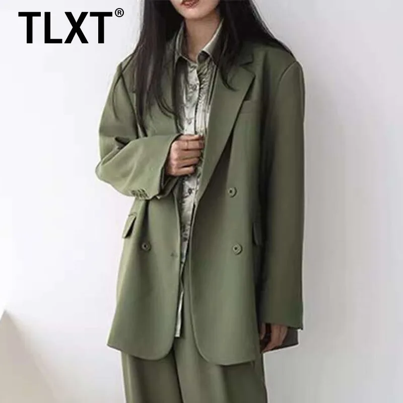 

TLXT женский офисный женский пиджак с зубцами и длинными рукавами, двубортные свободные пальто, женские весенние новинки 2024, XK1277