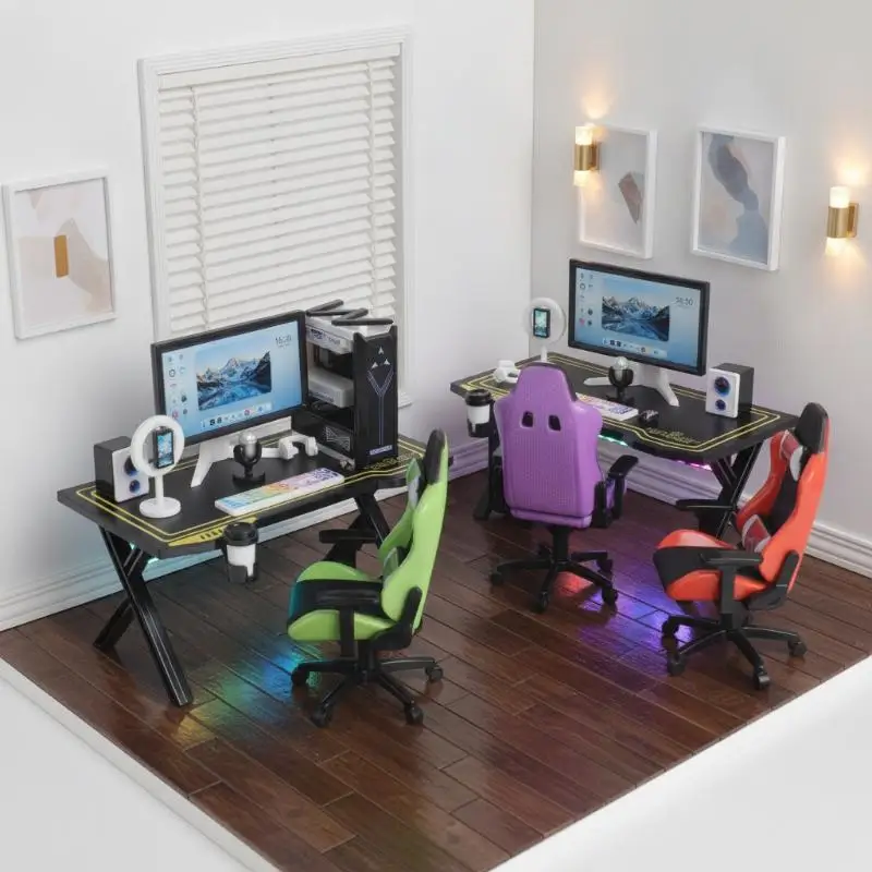 1/12 Dollhouse Tiny Gaming Desk Chair Set with Simulated Computer Monitor Host Model for Micro Landscape Craft Making view 2