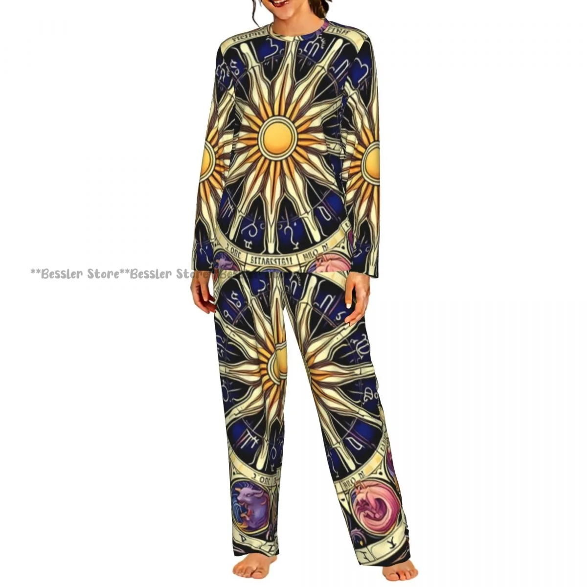Women Round Neck Pajama Suit Long Sleeve Tops Long Pants Zodiac Sign Ladies Nightwear Home Outfit