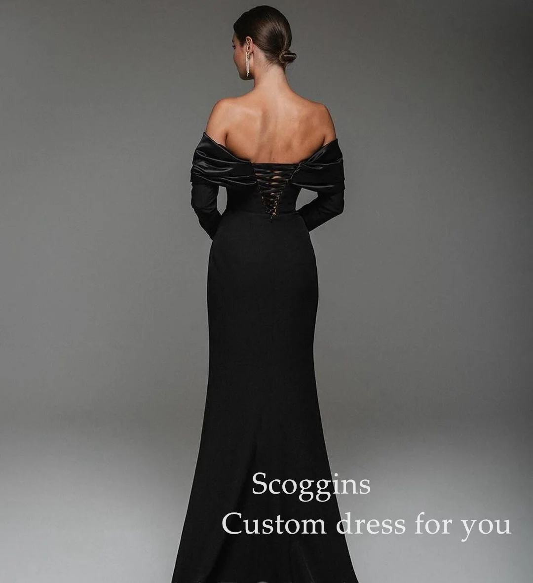 Scoggins فساتين سهرة Off-The-Shoulder Neckline A-Line Floor-Length Zipper Up Long Sleeve Wedding Party Dress Dress Women Elegant