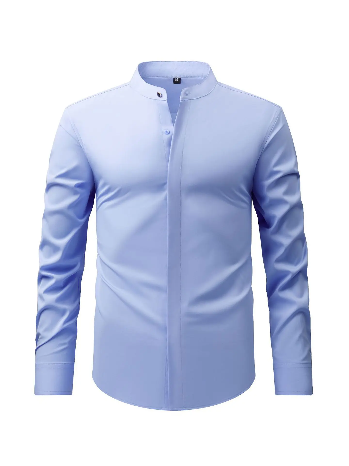 

Slim Fit Long Sve Stand up Collar Men's irt Pure Color Busin Casual Breathable Spring Autumn Wear for Young Men