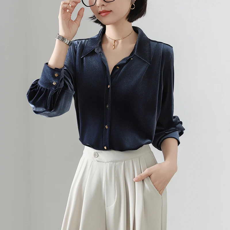 Camicie in velluto alla moda Donna Autunno Inverno Top basic Vintage stile coreano Office Lady Manica lunga Bottone con risvolto Elegante camicetta dolce