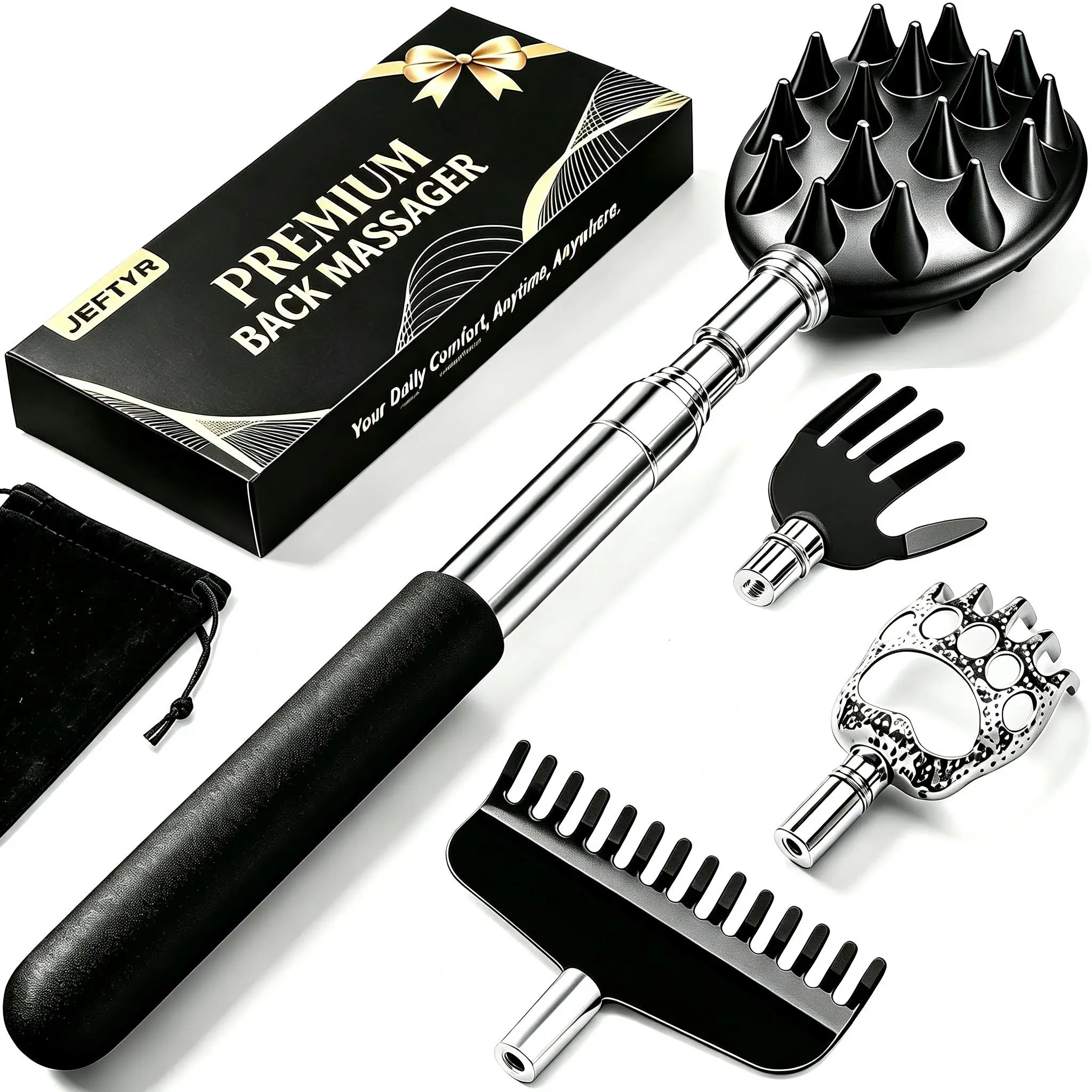 JEFTYR 4-Section Telescoping Back Scratcher with 4 Interchangeable Heads – Stainless Steel Body,Anti-Slip Handle, Christmas Gift