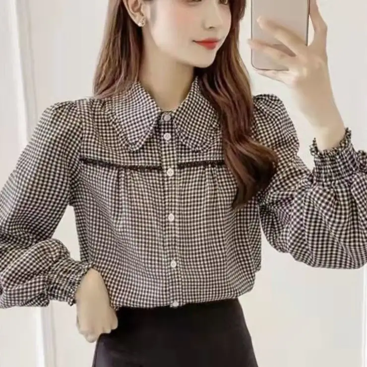 

Korean Black and White Checkered Shirt Women's Spring Autumn New Fashion Lace Small Lapel Splicing with Bubble Sleeves Trendy