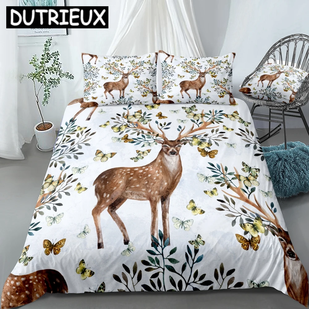 Elk Fox Duvet Cover Set Kids Galaxy Bedding Set Blue Animal Duvet Cover With Pillowcase Flowers Bed Set Girls 2/3-Piece