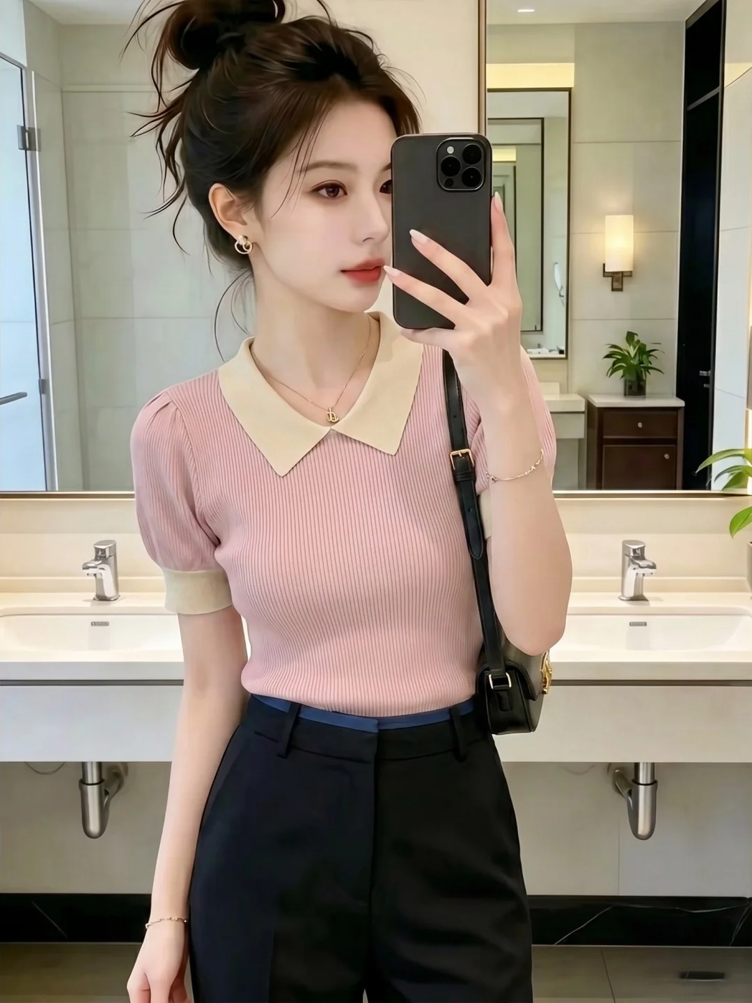 

Comfortable Short Sleeve Knitted Shirt Color Block Design Slim Fit Collar Commute Style Versatile Summer Top for Younger Look