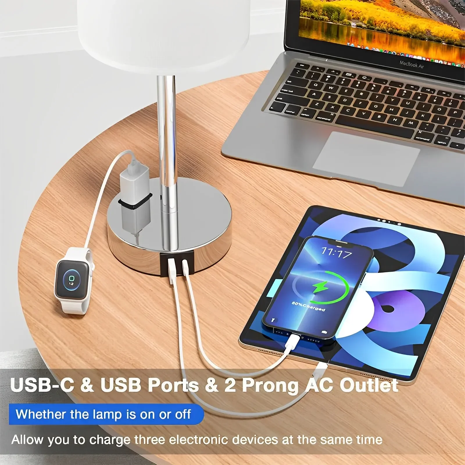 Dimmable Touch Table Lamp with USB C Port and AC Outlet for Bedside Living Room Guest Room