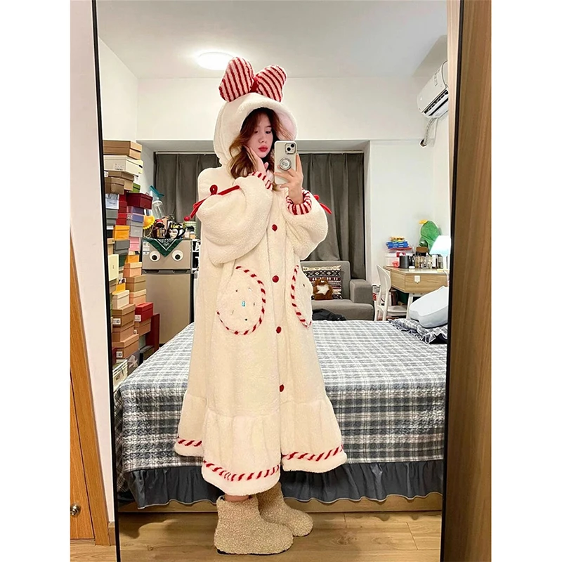 Hooded Robe Women Sleepwear Nightdress Ruffle Winter Night Wears Warm Fleece Pajama One Piece Nightgown Bow Long Sleeve Homewear