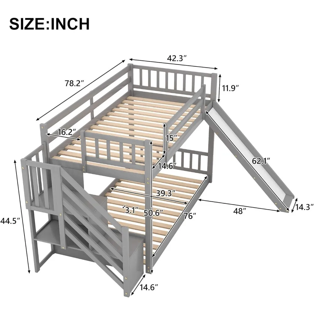 Slide and Storage Stairway, Wooden Low Bunk Bed Frame with Safety Guardrails for Kids, Teens, Space Saving and Noise Free Gray