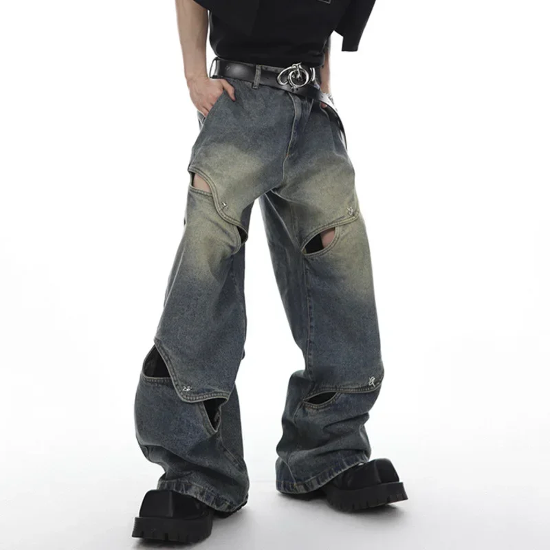 

Male Y2k Jeans High Street Patchwork Loose Men Hollow Out Trendy Vintage Metal Button Straight Denim Pant Wide Leg WA1321