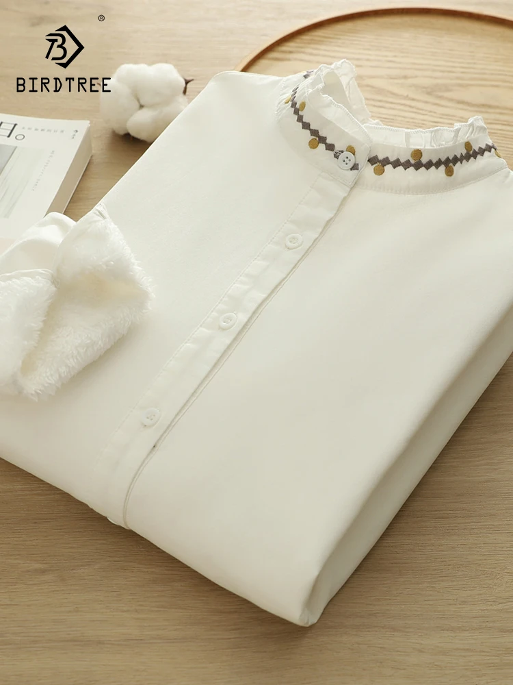 Nieuw herfst katoenen fleeceshirt met lange mouwen, dames opstaande ruches borduurwerk, Mori Girl warme losse blouse voor woon-werkverkeer T5O0114CC