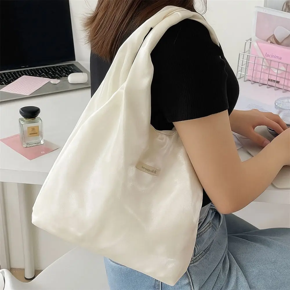 

Fairy Pearlescent Silk Tote Bag Lightweight Foldable Vest Shoulder Bag Lazy Style Solid Color Satin Handbag Girls