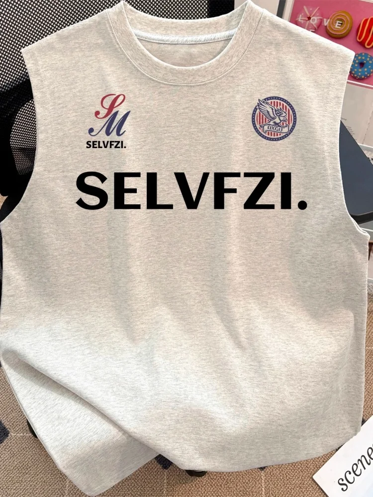 

Лето 2025 г., жилет из чистого хлопка в стиле ретро с американским принтом, модная брендовая футболка белого цвета, блузка, молодежная мода