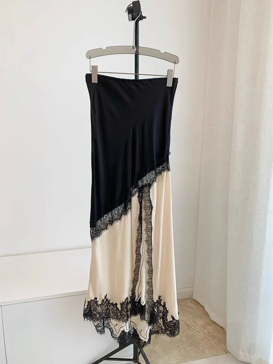 GALCAUR Hit Color Sheer Spliced Lace Elegant Skirts for Women High Waist Patchwork Split Temperament Skirt Female Fashion Style
