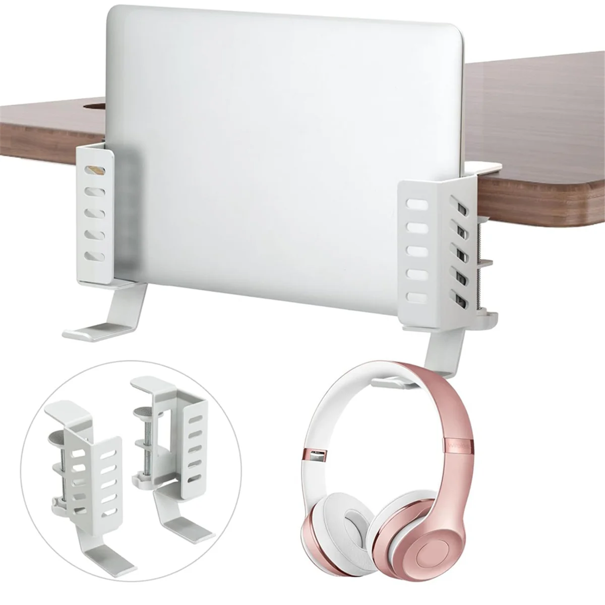 Desk Side Vertical Laptop Stand,No Drill Laptop Desktop Mount,Hanging Laptop Holder for Desk Side,Clamp on Desk White