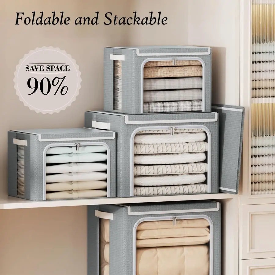 Clothes Storage Bins with Metal Frame, 40L Foldable Clothing Storage Bins with Lid, Stackable Zippered Clothes Storage Bags, Oxf