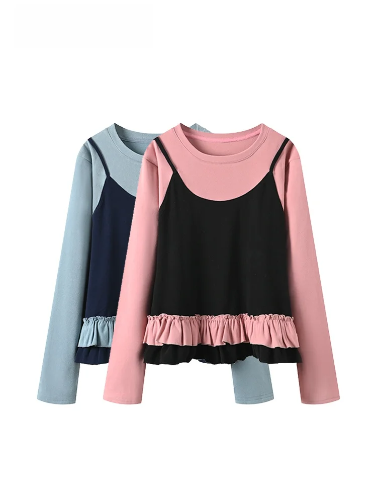 

plus Size Casual Long Sve T-irt Women's Early Spring New Sle Patchwork Design Breathable Polyester Fiber Low round Ne