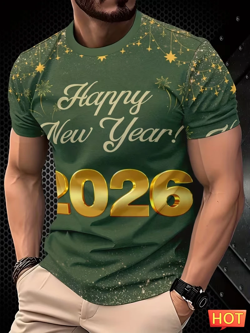 

2026 С Новым годом, мужская и женская футболка унисекс, мягкая и дышащая футболка в стиле хип-хоп с круглым вырезом и короткими рукавами для мужчин, уличная одежда