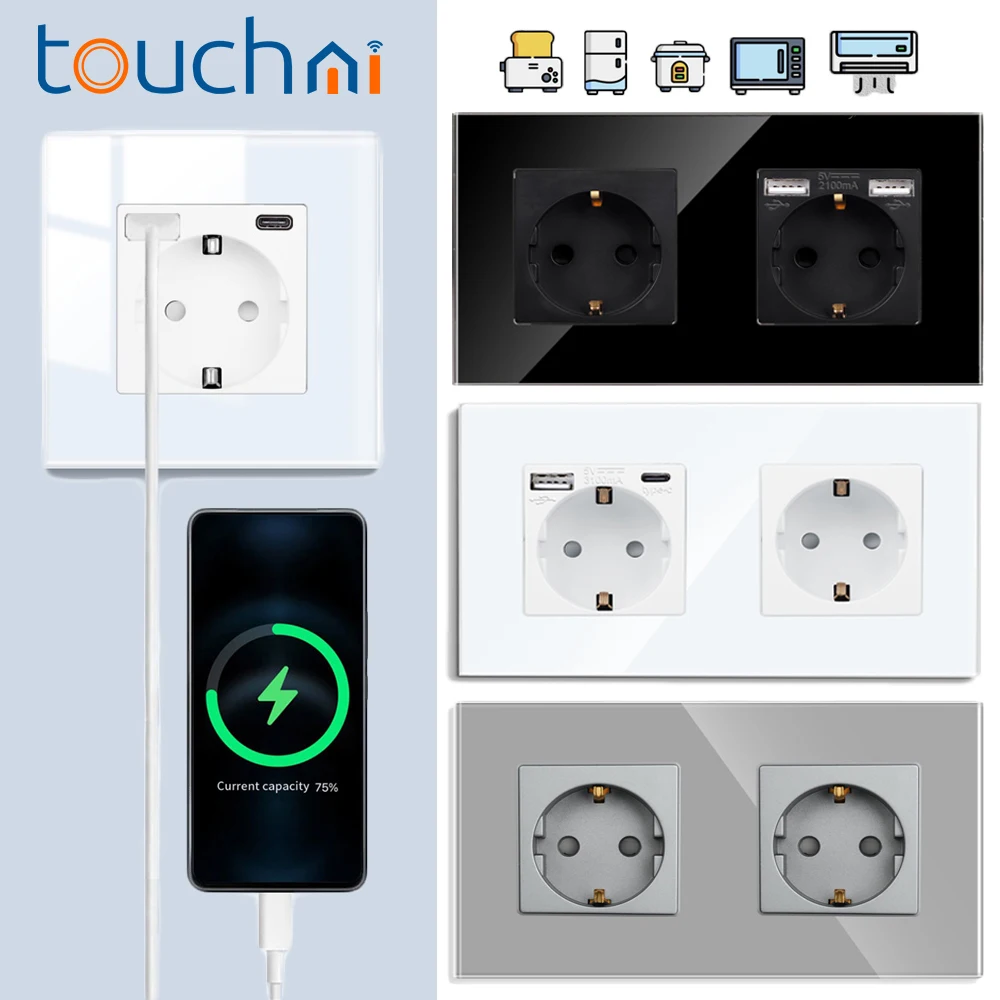 

Настенная розетка TOUCHMI EU с розеткой USB/Type-c Белый Серый Черный Gloden Стеклянная панель Электрическая вилка для дома 220 В Стандартная вилка ЕС CE