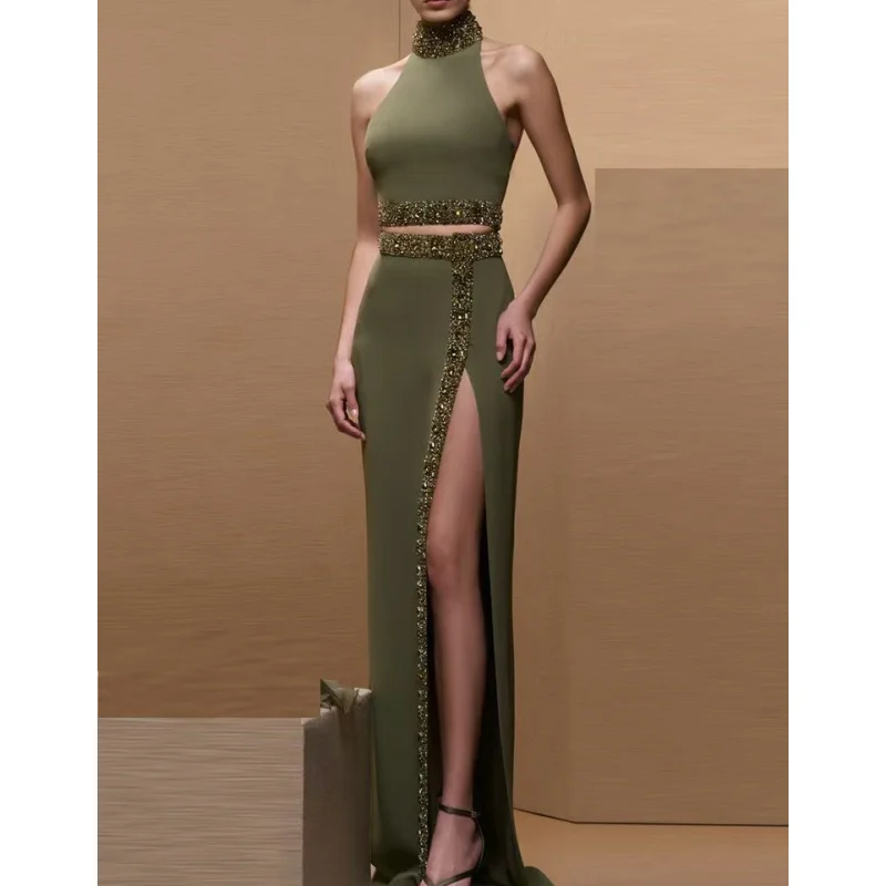 2025 elegante expor wasit mulher conjunto diamantes brilhantes regata curta e fenda saia longa 2 peças vestido de festa à noite
