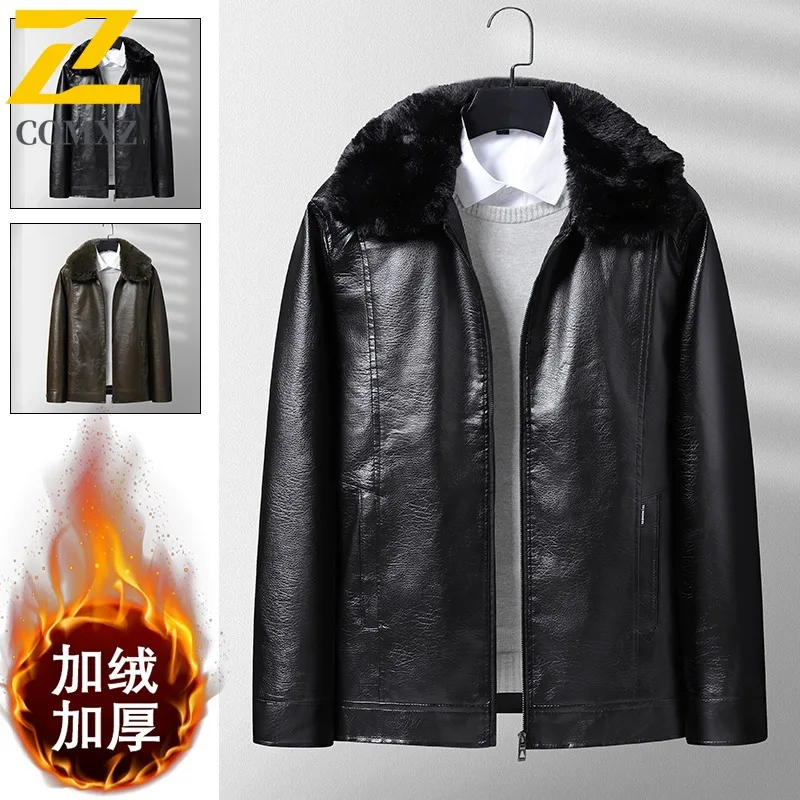 COMXZ 2025 Mens Winter Leather Jacket Fleece Lined Thick Warm Windproof Waterproof Fur Collar Business Coat for Middle Aged Men