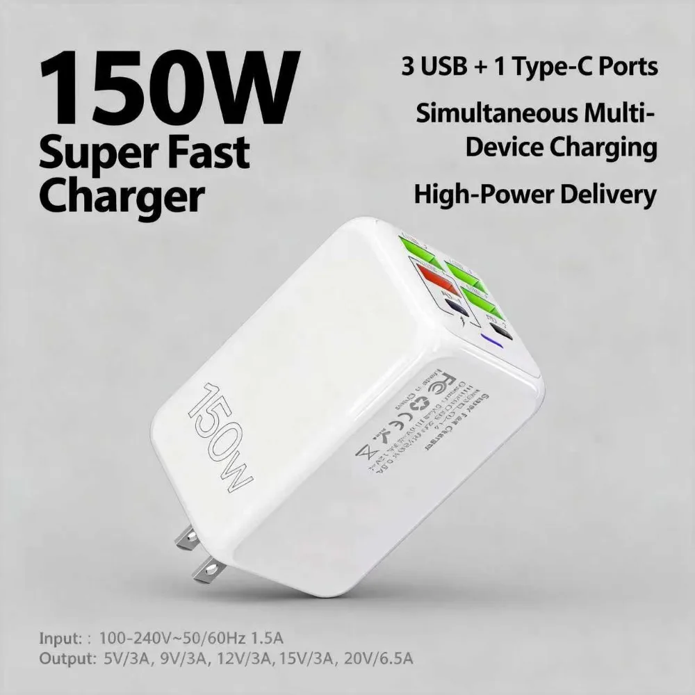 

Зарядное устройство Smart Fast Charging Block мощностью 150 Вт — зарядное устройство USB-C PD с автоматическим определением типа и защитой от перегрузок для iPhone, Samsung, iPad и других устройств