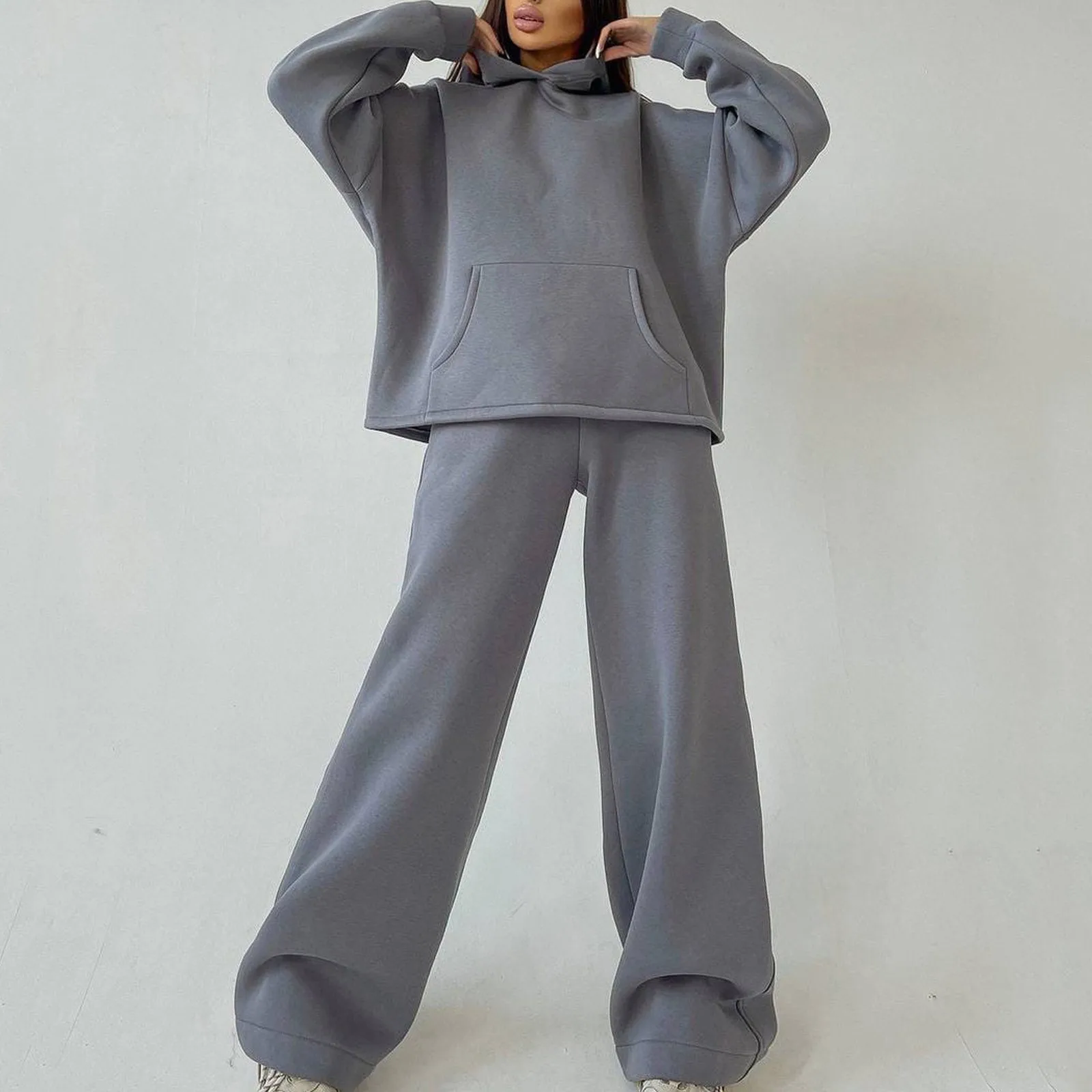 Oversized women Solid Casual Pullovers Long Pant Set Warm Hoodie New Tracksuit Suit Fashion pant sets sets for women 2 pieces