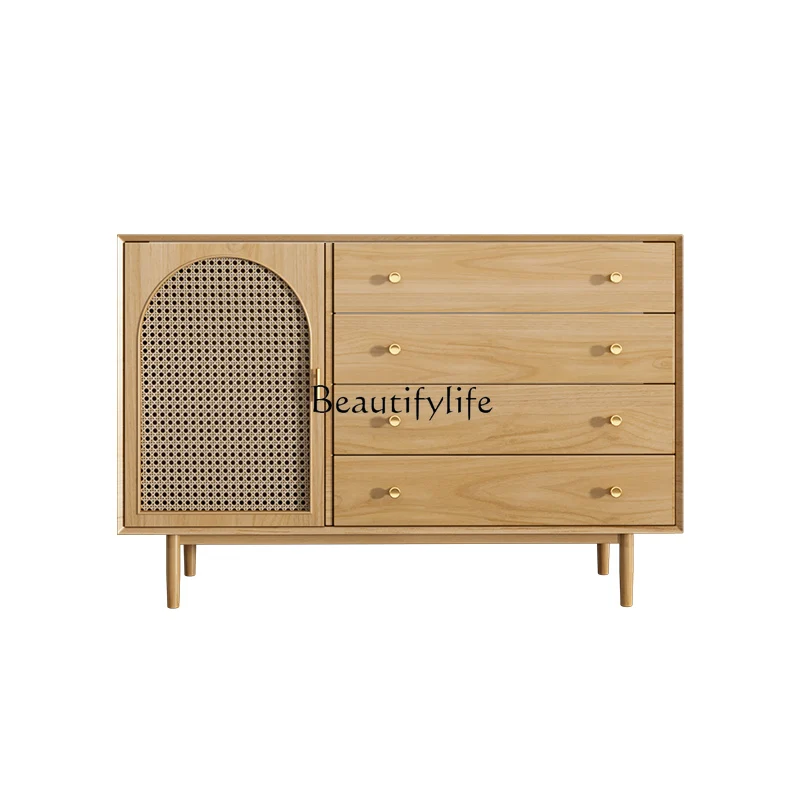 

Nordic side cabinet solid wood rattan storage simple modern TV porch cabinet