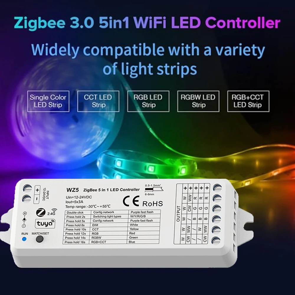 ZigBee RF LED Controller Tuya APP Voice Smart Control 5 In 1 Function Dimmer DC 12V 24V Used For RGB RGBW RGBCCT WW CW LED Strip