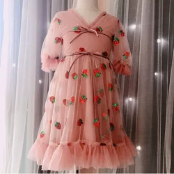 baby Girls Birthday Party Kids Strawberry sequined Printed Summer v-neck puff sleeve mesh ball gown long dress