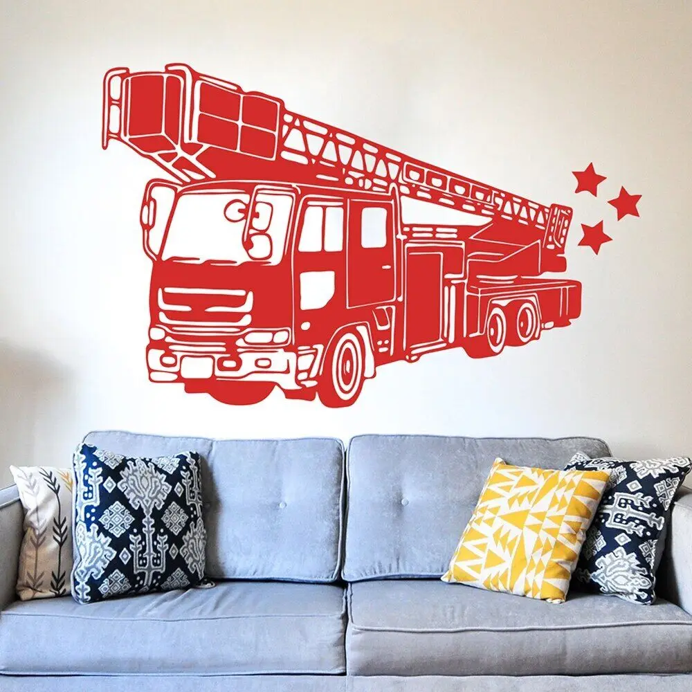 Fire Truck Firefighter Wall Sticker Playroom Bedroom Fire Truck Fire Hydrant Car Vehicle Wall Decal Living Room Vinyl A14-033