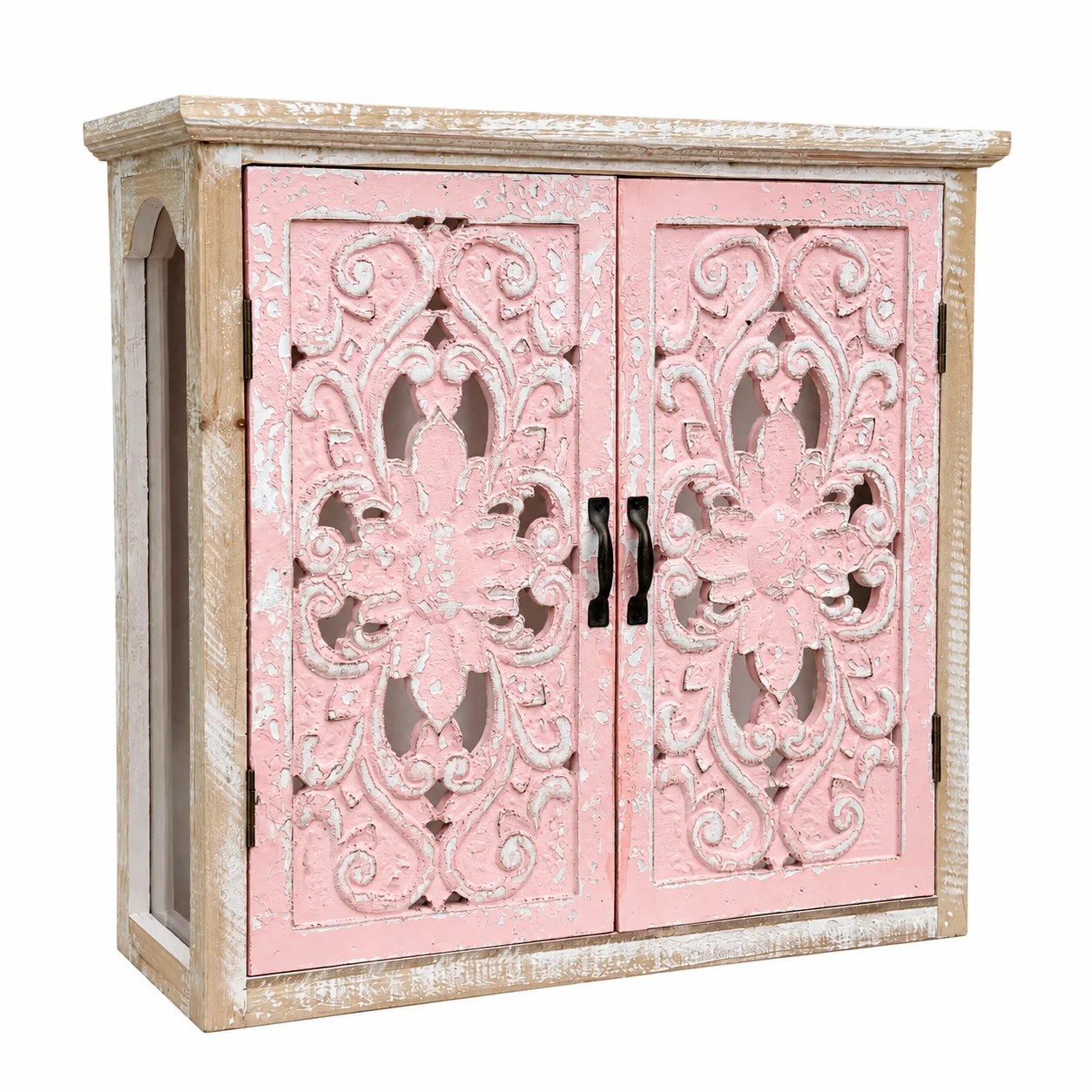 French Country Wall Cabinet, Vintage Pink Floral Carved Wooden Cupboard, Rustic Distressed Storage Cabinet 45x15x46cm