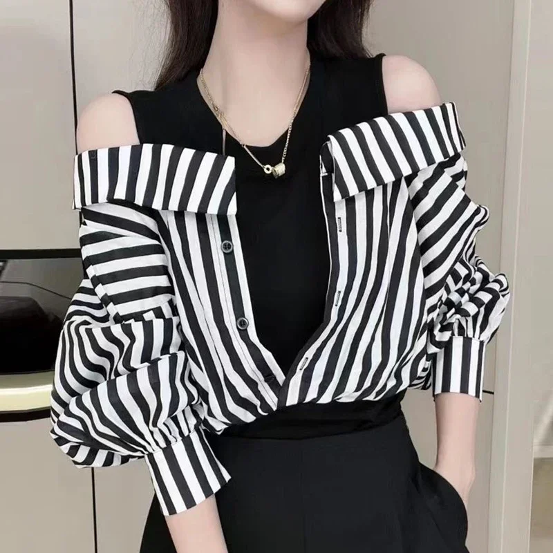 

Fashion Niche Design Sense Women's Striped Printed Off-the-shoulder Elegant Fake Two-piece Long Sleeve Simple Casual Shirt