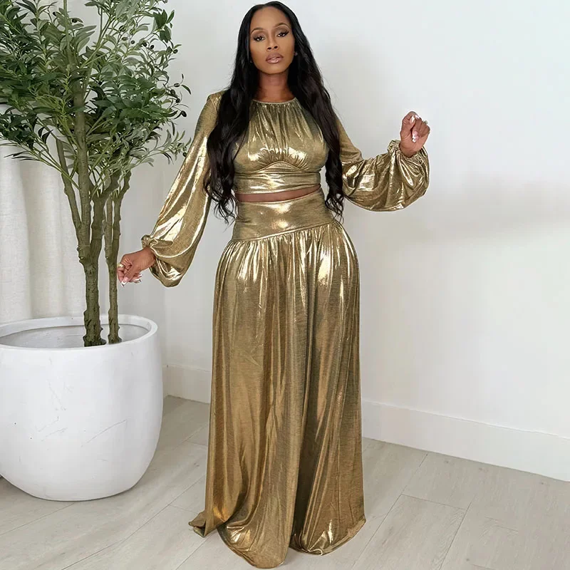 

Doyerl глянцевое металлическое вечернее платье для дня рождения, женская одежда, комплекты из двух предметов, клубный укороченный топ с рукавами-фонариками + длинная юбка, соответствующий комплект