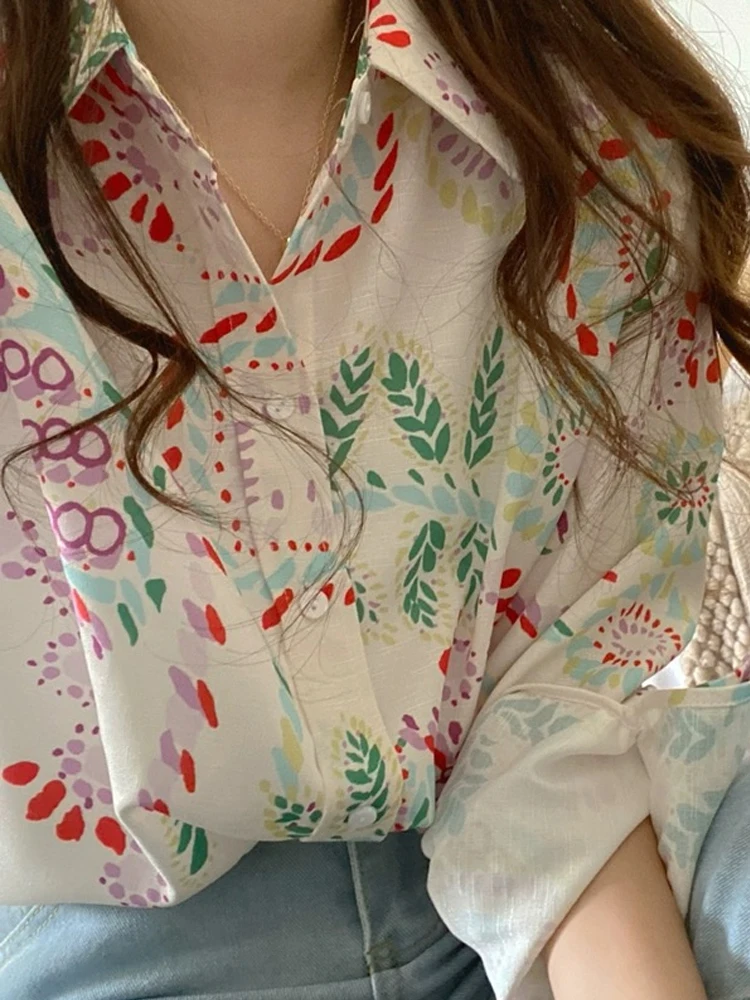 시크 여성 셔츠 빈티지 젠틀 루즈 디자인 센세이션 엘레강스 한국 스타일 긴팔 폴로 칼라 프린트 캐주얼 패션