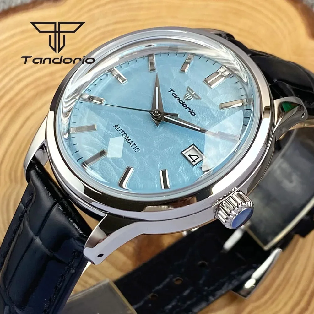 Tandorio Double Domed Sapphire NH35A Mechanical 40mm Polished Automatic Watch for Men Luminous 20BAR Date Wristwatch Leather