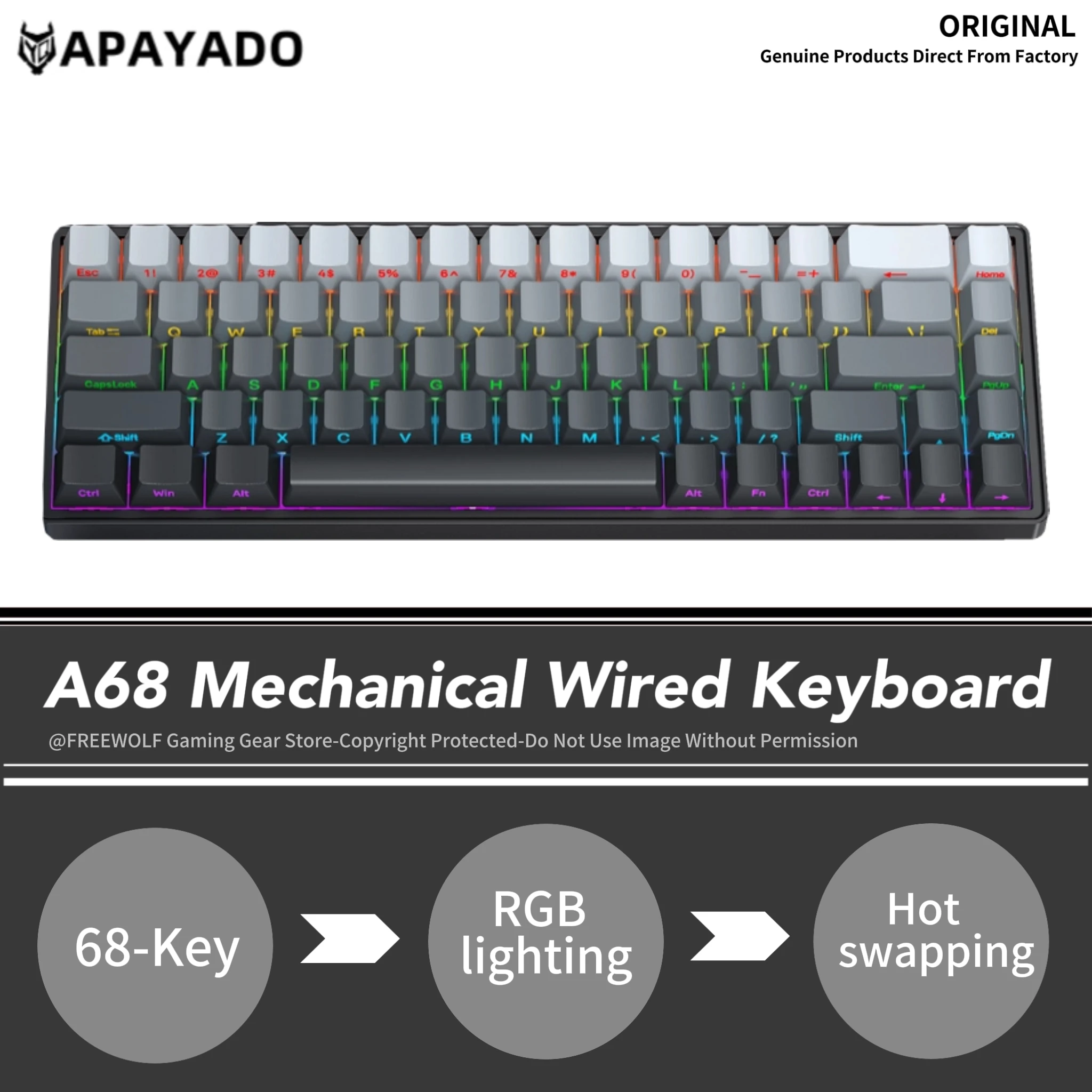 

Механическая клавиатура на 68 клавиш, проводная, APAYADO A68 RGB, мини-клавиатура, полная поддержка N-Key Rollover, красные/синие переключатели для игр