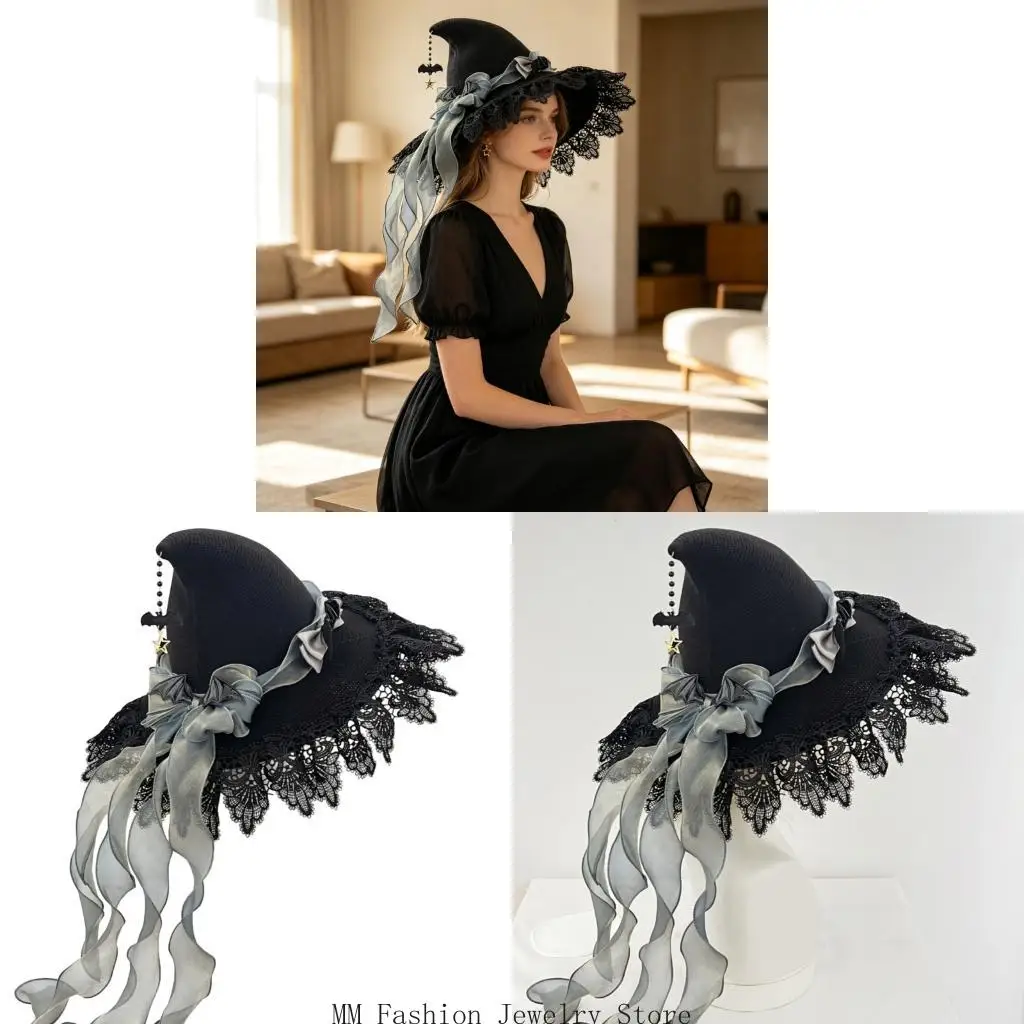 Lace Costume Hat with Pointed Witch for Cosplay and Themed Parties D0UB