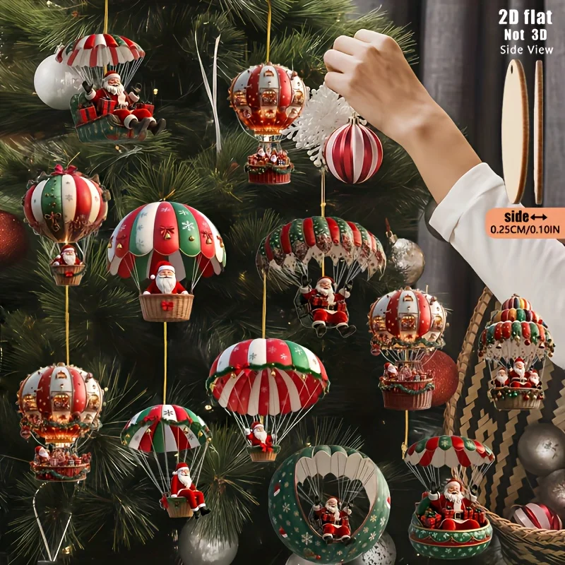 16pcs 2DFlat Random Hanging Ornament Santa Hot Air Balloon Wooden with Hanging Loop Indoor Outdoor Decor Xmas New Year Valentine