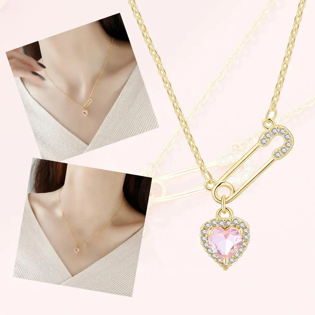 Personality Pin Pink Love Light Luxury Necklace Female Safety Charm Pink Crystal Hearts Pendant Paperclip Necklace Niche Peach