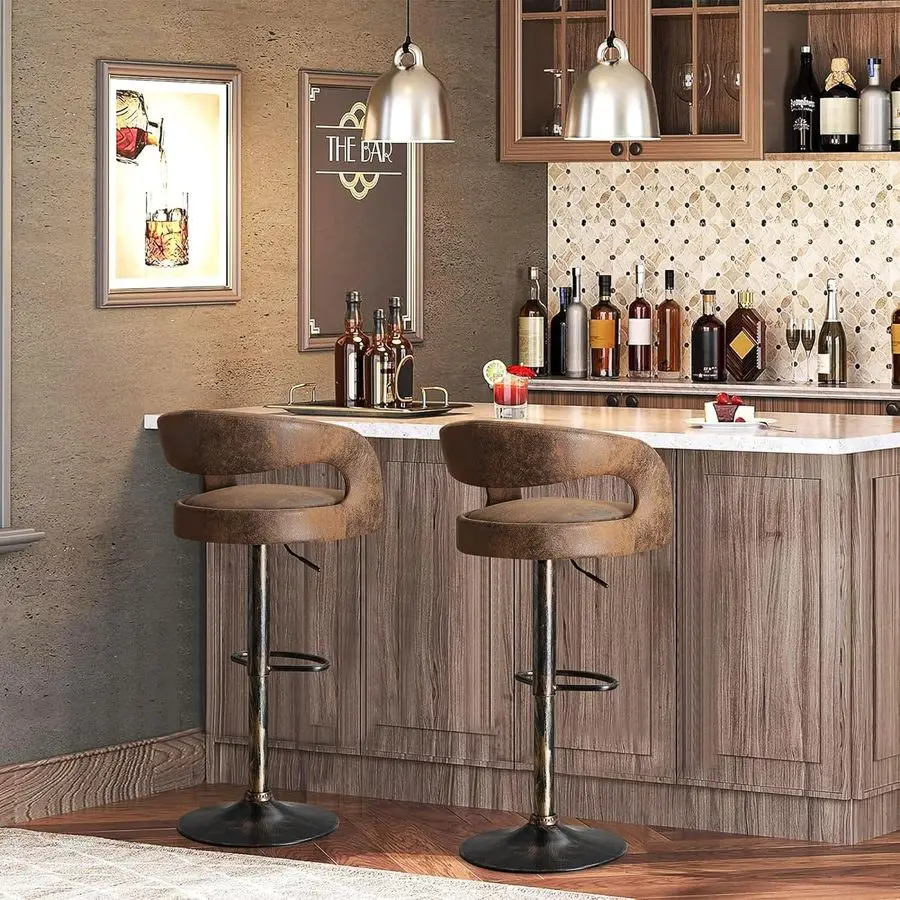 Bar Stools Set of 2 Adjustable Swivel Modern Pu Leather Barstools, Counter Bar Stools with Back and Arms, for Kitchen, Bar Dark