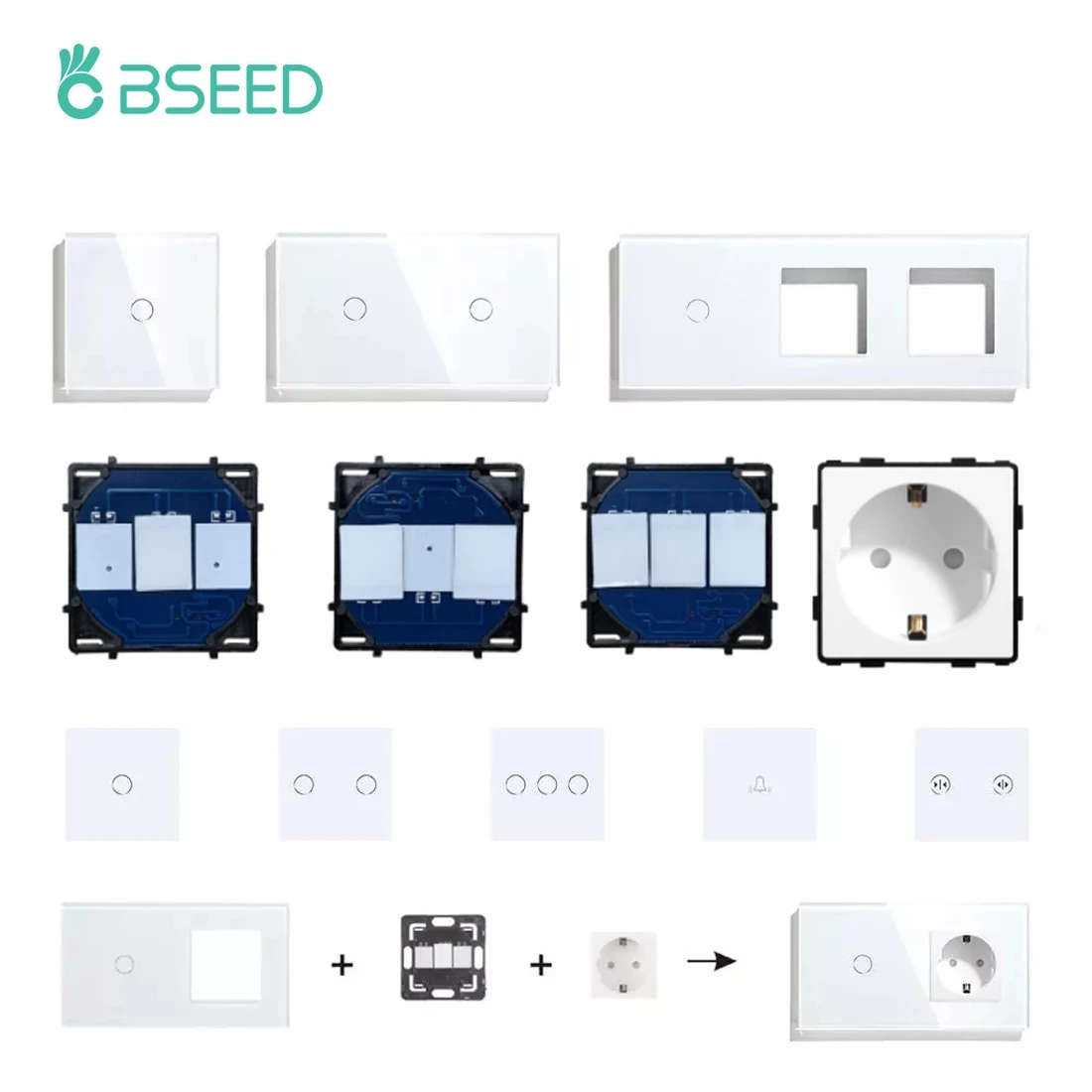 BSEED Wall Touch Switch Dimmer Touch Light Switch Function Parts Glass Panels EU Wall Socket Plug DIY Free Combination