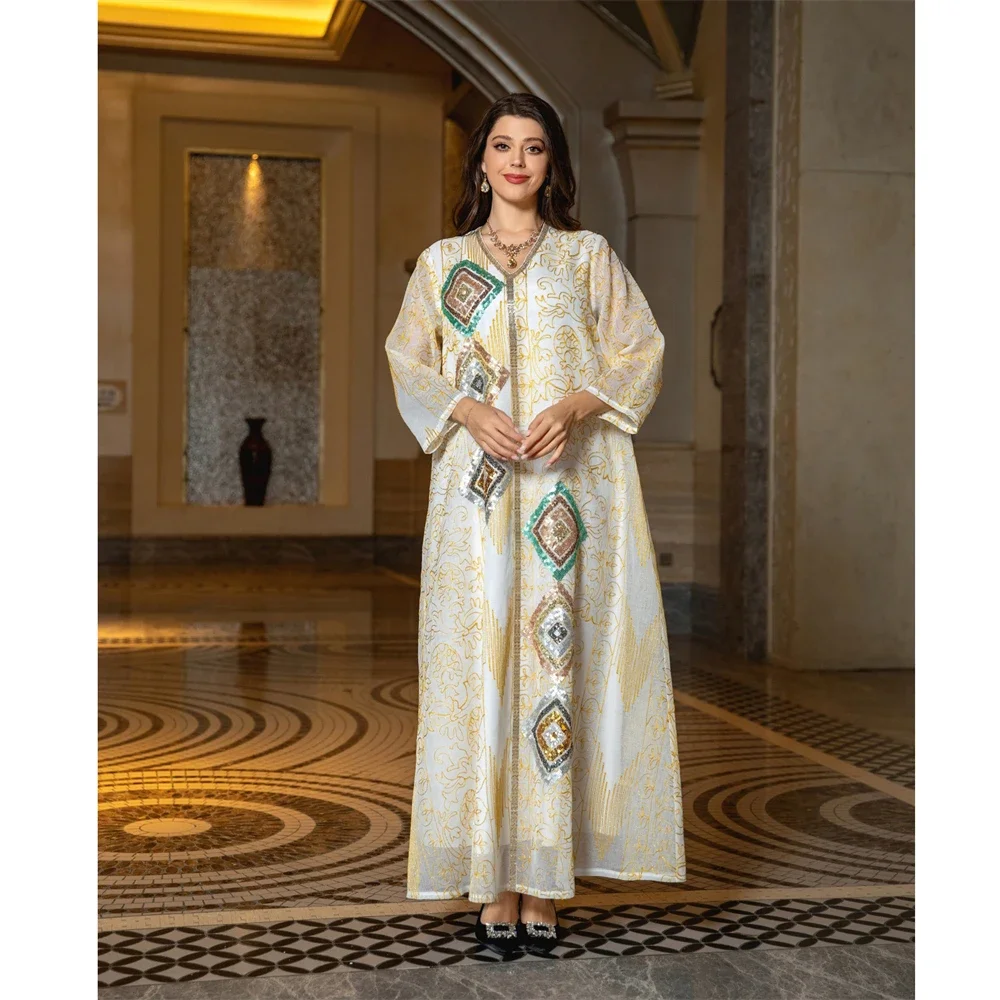 

Luxury Sequins Embroidered Long Dress Women Summer Elegant Casual Loose Maxi Dress Holiday Party Muslim Arab Abaya Eid Ramadan